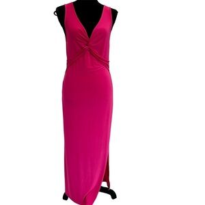 Caution To The Wind hot pink sleeveless V-neck front twist maxi bodycon dress L